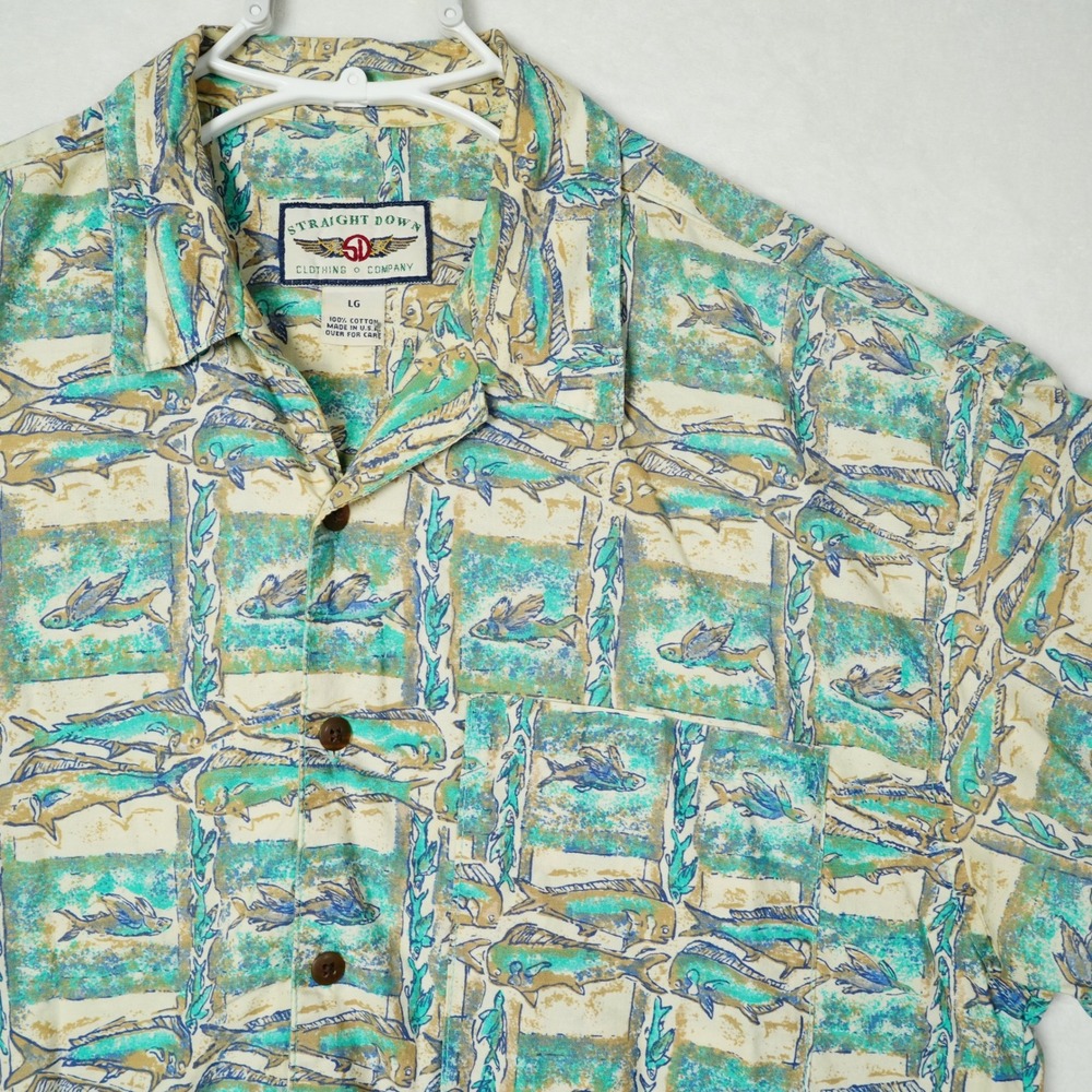 Vintage Straight Down Mens Large Hawaiian Button Down Fish Shirt USA Made